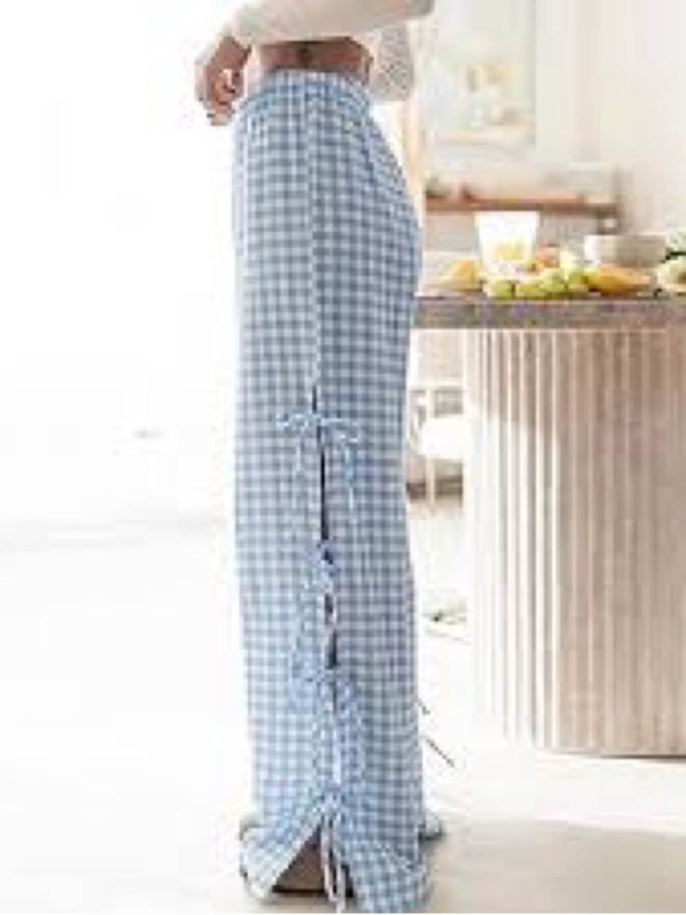 Sincerely Jules Blue Gingham Wide-Leg Pants with Side Ties